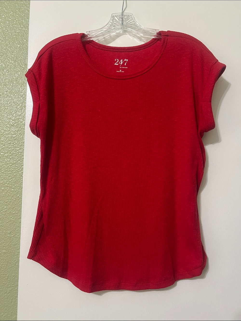 247 Women's Red Ribbed Short Sleeve Tee - Casual Crew